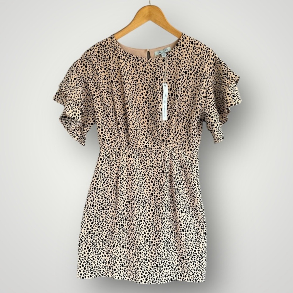 Leopard Print Ruffle Sleeve Dress - Beige and Black